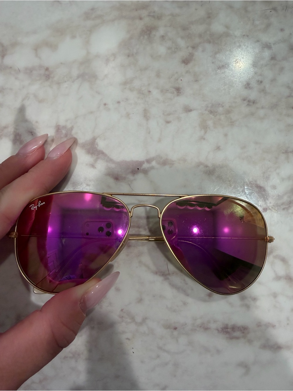 Ray-Ban Gold Aviator Sunglasses with Pink/Purple Mirrored Lenses